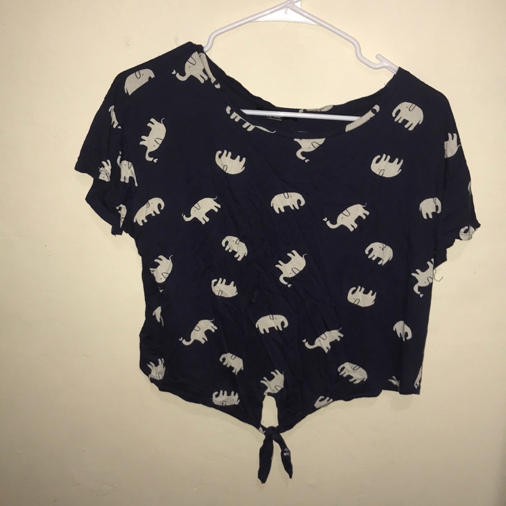 navy blue elephant bottom tied-knot shirt